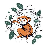 Cute monkey sitting on a branch with leaves. Vector illustration.