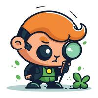 Cute cartoon boy with magnifying glass and clover. Vector illustration.