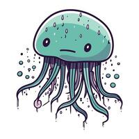 Cartoon cute jellyfish. Hand drawn vector illustration isolated on white background.