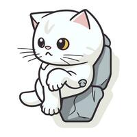 Illustration of a Cute White Cat Sitting on a Rock. vector