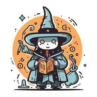 Cute cartoon witch reading a book. Vector illustration. Halloween.