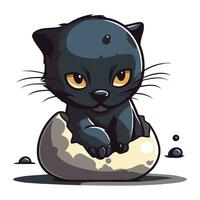 Cute cartoon black cat sitting in an egg. Vector illustration.