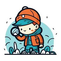 Cute little boy playing snowballs in winter. Vector illustration.