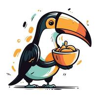 Cute cartoon toucan with bowl of food. Vector illustration.