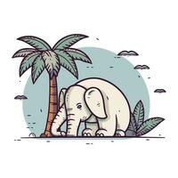 Elephant on the beach with palm trees. Vector illustration in cartoon style.