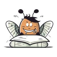 Vector illustration of a cute cartoon fly reading a book. Isolated on white background.