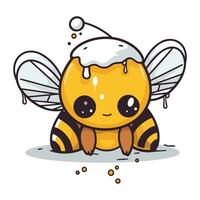 Cute cartoon bee with snow on its face. Vector illustration.