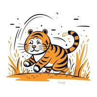 Vector illustration of a tiger running in the field. Cute cartoon character.