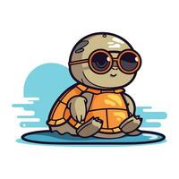 Cute cartoon turtle in sunglasses sitting on surfboard. Vector illustration.