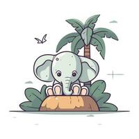 Cute cartoon elephant sitting on a island with palm trees. Vector illustration.