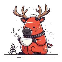 Cute Christmas reindeer with cup of hot drink. Vector illustration.