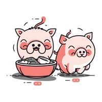 Cute piggy and bowl of food. Vector illustration in cartoon style.