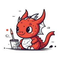 Funny cartoon red dragon with a paint brush. Vector illustration.