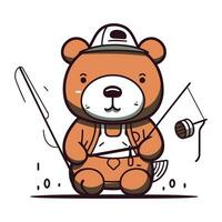 Cute cartoon bear with a fishing rod and net. Vector illustration.
