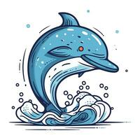 Dolphin jumping out of the water. Vector illustration in cartoon style.