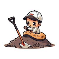 Cute boy digging a hole in the ground. Vector illustration.