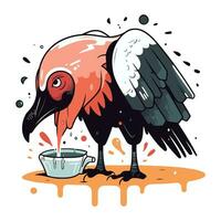 Illustration of a vulture with a cup of coffee. Vector illustration