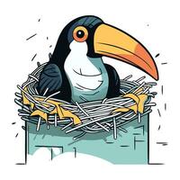 Cute cartoon toucan sitting in the nest. Vector illustration.