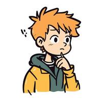 Illustration of a boy thinking about something with his finger on his chin vector