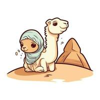 Cute little Muslim girl in hijab sitting on sand with camel. Vector illustration