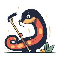 Cute cartoon snake with a stick. Vector illustration in flat style.