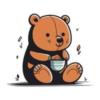 Cute cartoon bear with a cup of tea. Vector illustration.