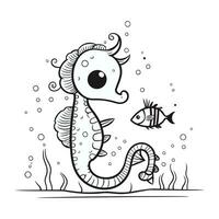 Seahorse and fish. Coloring book for children. Vector illustration.