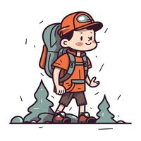 Hiking boy with backpack. Vector illustration in doodle style