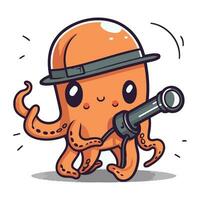 Octopus in a hat with a spyglass. Vector illustration.