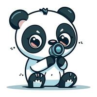 Cute cartoon panda holding binoculars. Vector illustration.