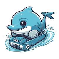 Vector illustration of a cute cartoon dolphin driving a car on the water.