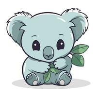 Cute cartoon koala sitting with green leaves. Vector illustration.