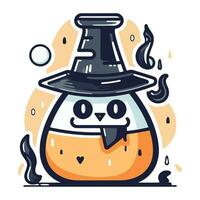 Cute vector illustration of a bottle of whiskey in a witch hat.