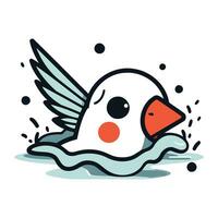 Vector illustration of a cute little white duck swimming in water. Cute cartoon character.