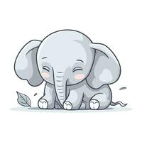 Cute little elephant sitting on the ground. Cartoon vector illustration.