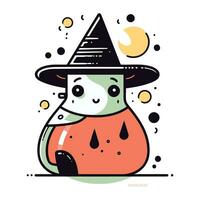 Víspera de Todos los Santos vector ilustración. linda dibujos animados personaje en un bruja sombrero.