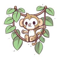 Cute monkey sitting on a branch with leaves. Vector illustration.