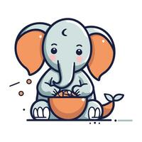 Cute baby elephant with a bowl of food. Vector illustration.