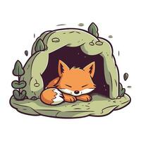 Cute fox in the cave. Vector illustration of a cartoon animal.