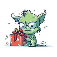 Funny cartoon monster with a big gift box. Vector illustration.