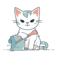 Vector illustration of a cute white cat with a brush and bucket.