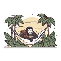 cute monkey in hammock with palm trees vector illustration graphic design