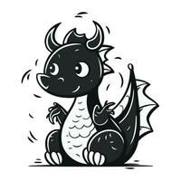 Cute cartoon dragon. Vector illustration in black and white colors.