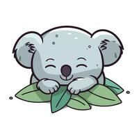 Cute koala sleeping on leaves. Vector illustration of cartoon character.