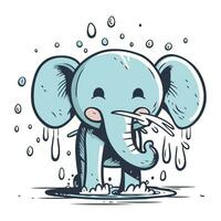 Cute cartoon elephant in rain. Vector illustration on white background.