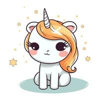 Cute cartoon unicorn with long hair and stars. Vector illustration.