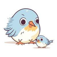 Cute cartoon bird with chick. Vector illustration isolated on white background.