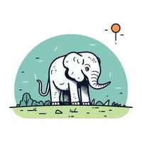 Elephant in the field. Vector illustration in flat cartoon style.