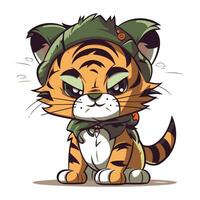 Cute cartoon tiger in a green hat and bow tie. Vector illustration.