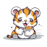 Cute little tiger with a bowl of food. Vector illustration.